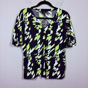 Marble Size XS Relaxed Fit Shirt Blouse Green Nacy Abstract Print Puff Sleeves